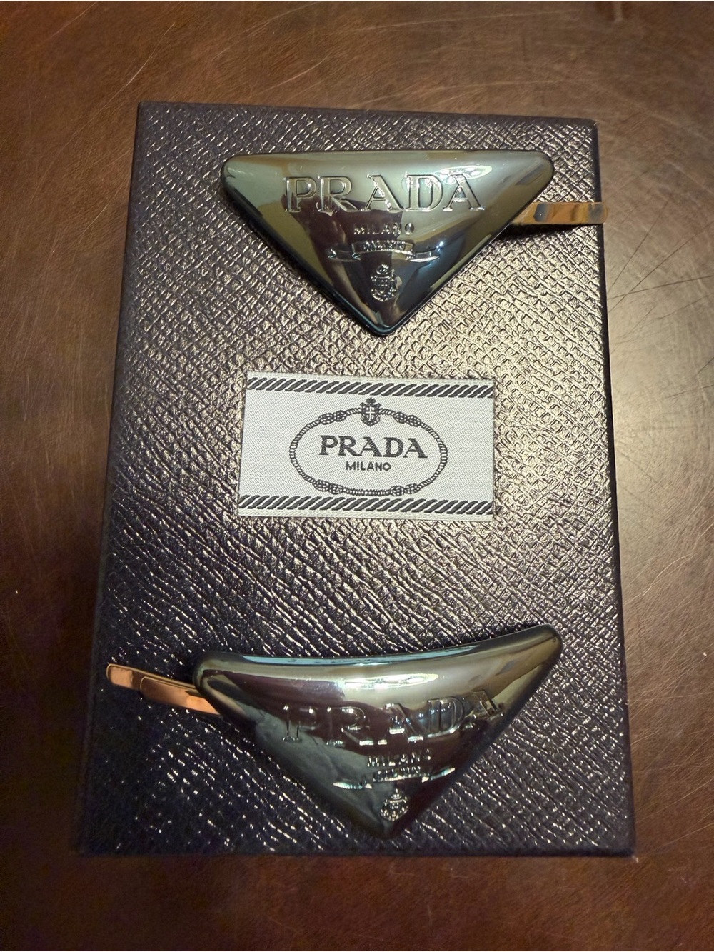 New Authentic Prada Triangle Logo Hair Clip Accessories 2 Pieces Metallic Blue